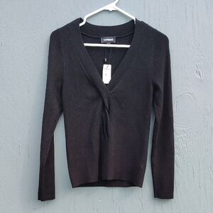 Express Women's Black V-Neck Ribbed Top Size L  Longsleeve New